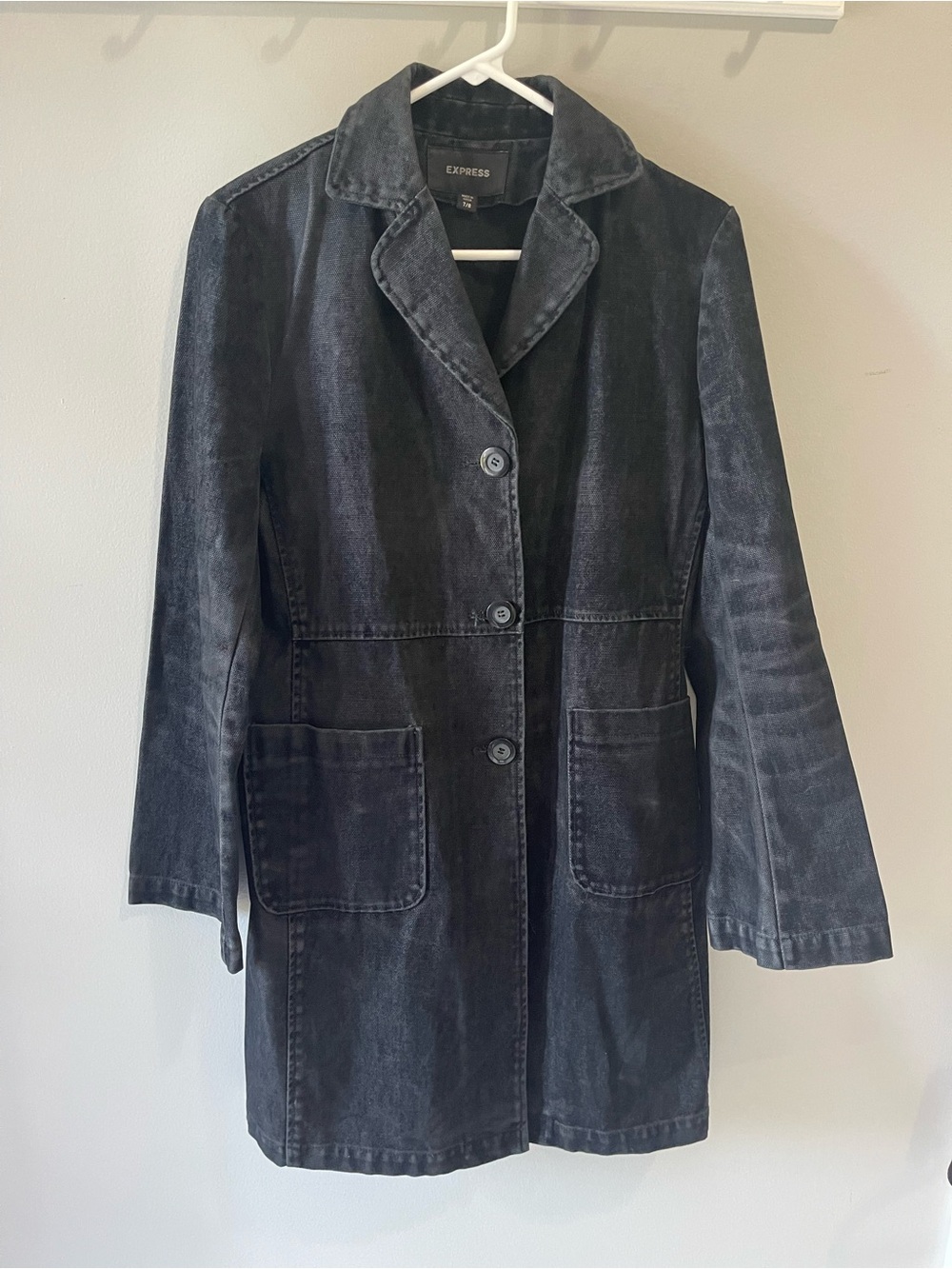 Express Black Long Denim Jacket Distressed Duster 7/8